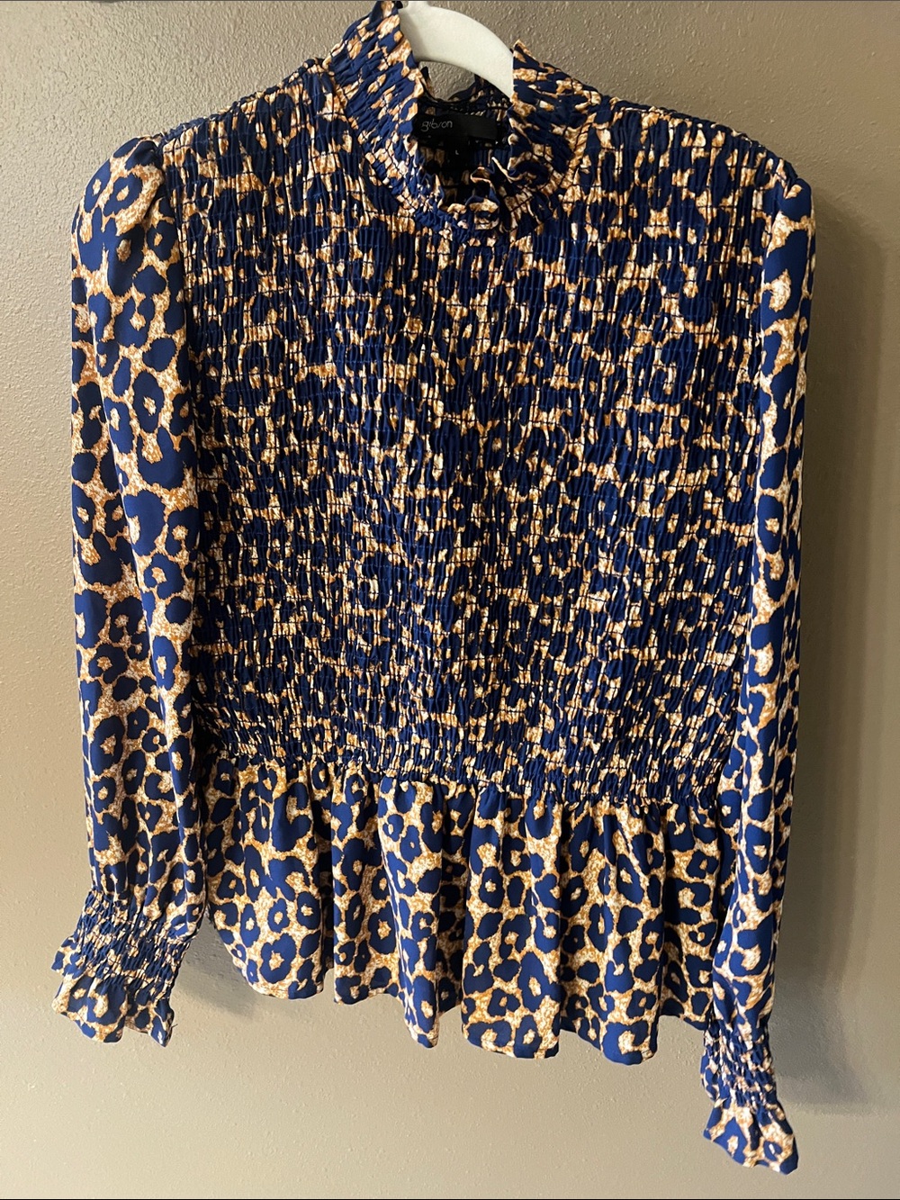 Gibson Blue and Tan Smocked Leopard Print Blouse